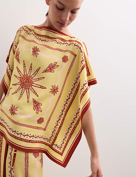 Top 100 % soie &agrave; encolure bateau avec imprim&eacute;