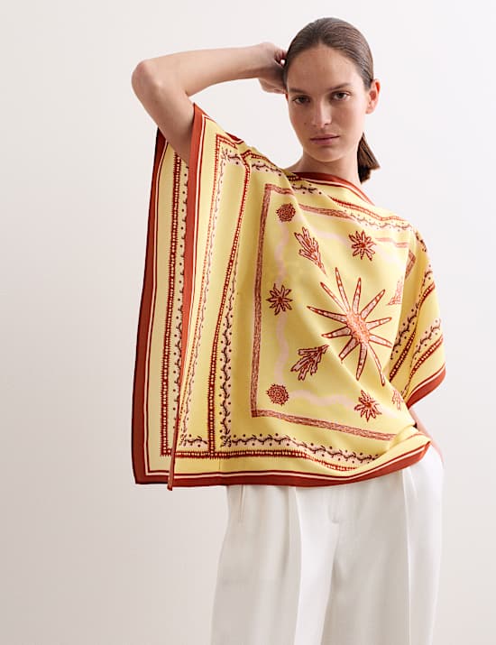 Top 100 % soie &agrave; encolure bateau avec imprim&eacute;