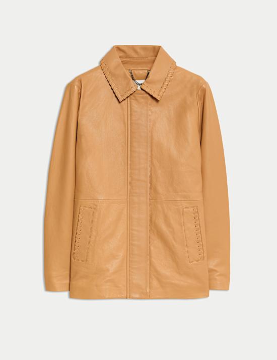 Veste en cuir avec encolure et détail couture