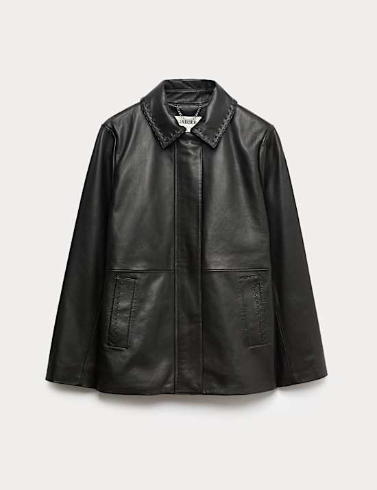 Veste en cuir avec encolure et détail couture