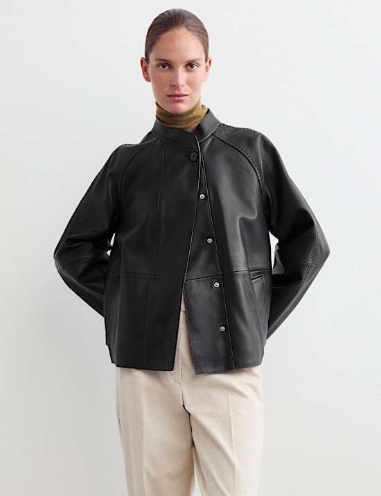 Pure Leather Collarless Short Jacket