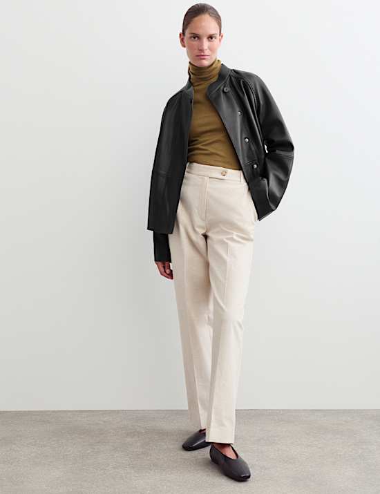 Pure Leather Collarless Short Jacket
