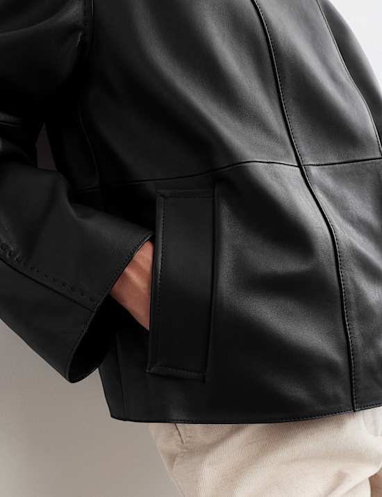 Pure Leather Collarless Short Jacket