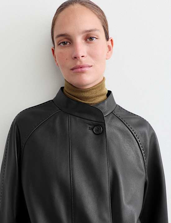 Pure Leather Collarless Short Jacket