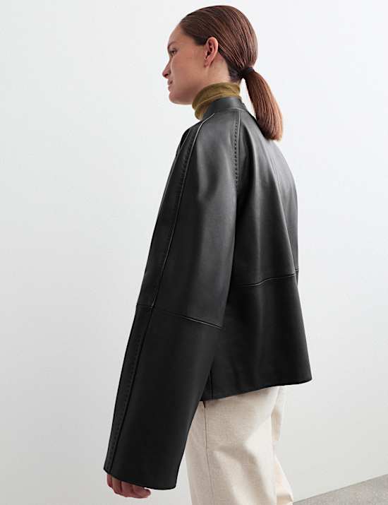 Pure Leather Collarless Short Jacket