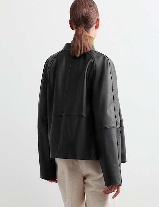 Pure Leather Collarless Short Jacket
