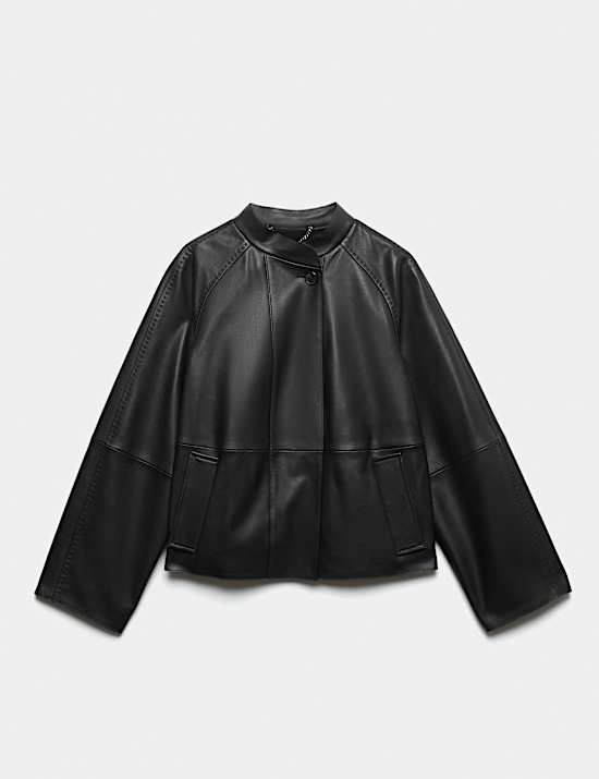 Pure Leather Collarless Short Jacket