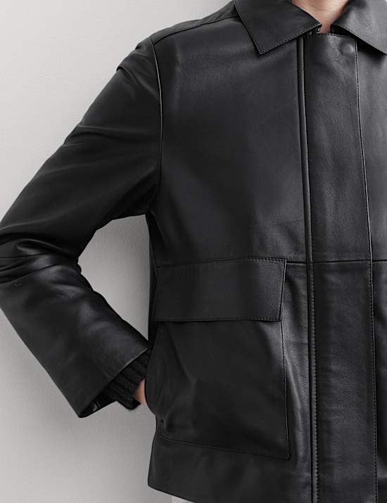 Pure Leather Collared Short Jacket