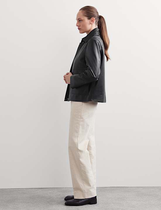 Pure Leather Collared Short Jacket