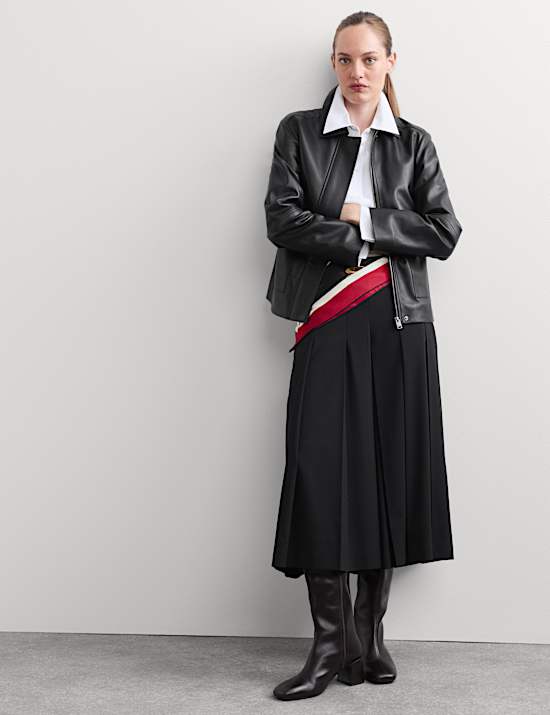 Pure Leather Collared Short Jacket