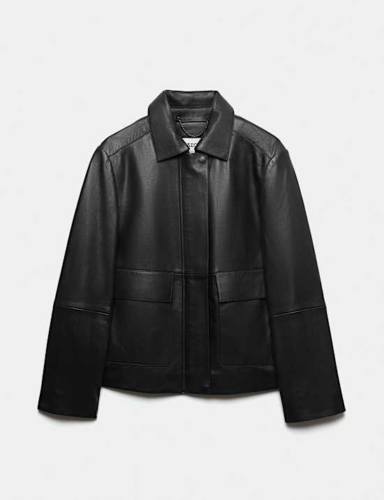 Pure Leather Collared Short Jacket