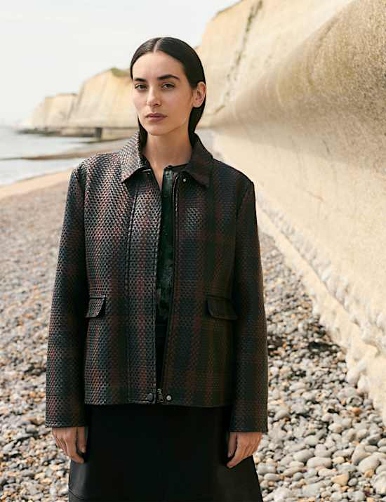 Leather Woven Checked Collared Jacket
