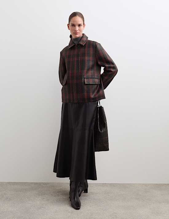 Leather Woven Checked Collared Jacket