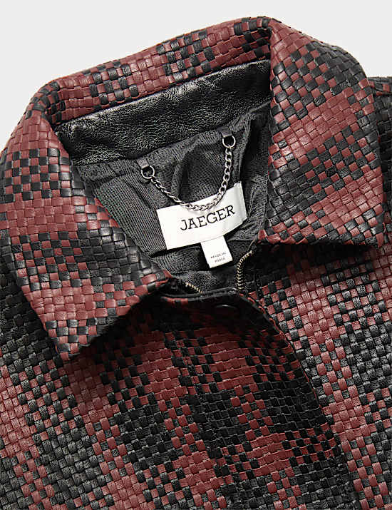 Leather Woven Checked Collared Jacket