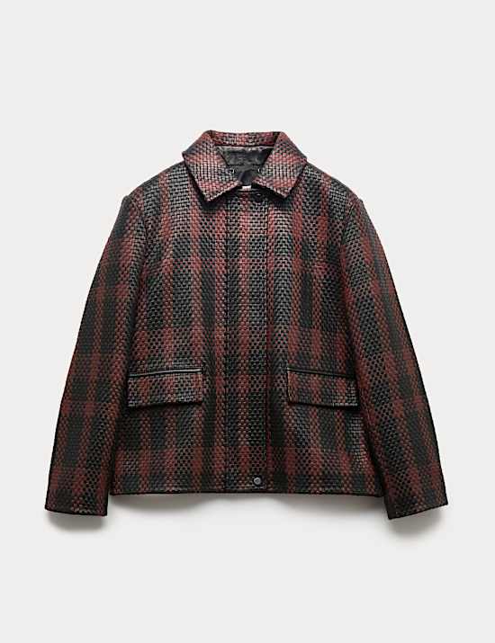 Leather Woven Checked Collared Jacket