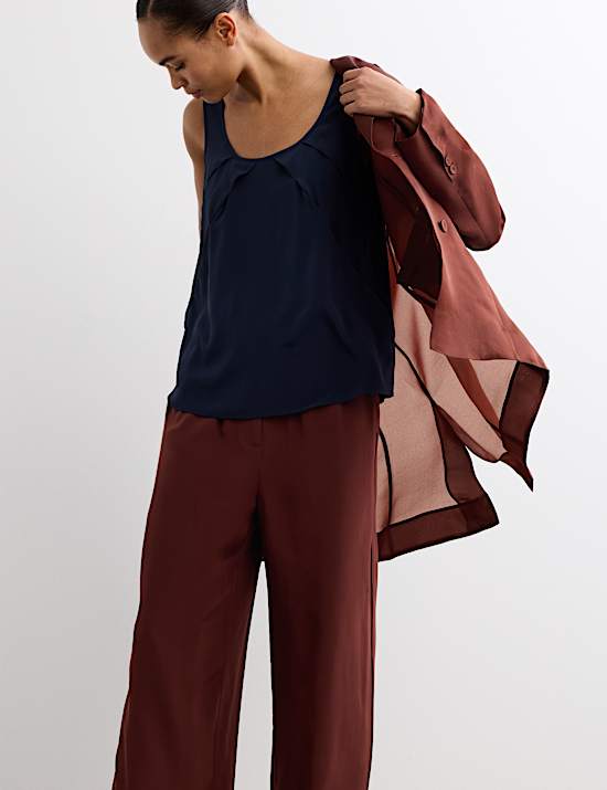 Blazer largo 100 % seda de organza con botonadura doble