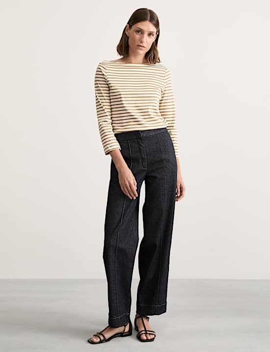 Gestreepte top van puur glanskatoen met boothals