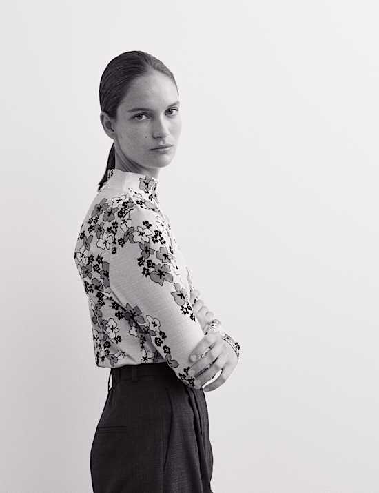 Merino Wool Rich Floral Funnel Neck Top