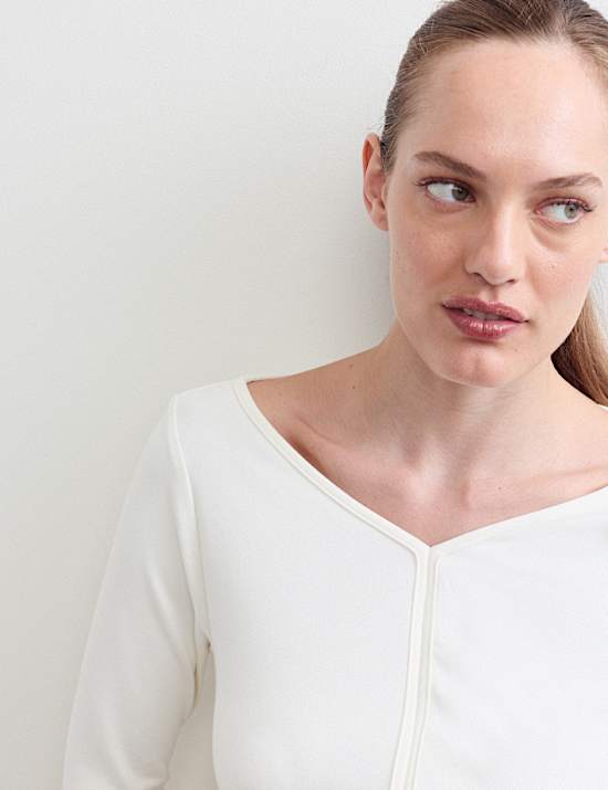 Cotton Modal Blend V-Neck Stitch Detail Top