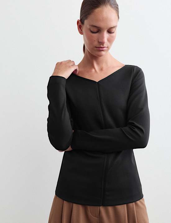 Cotton Modal Blend V-Neck Stitch Detail Top