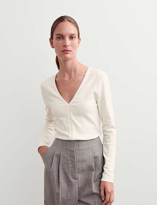 Top met V-hals van katoen en modal