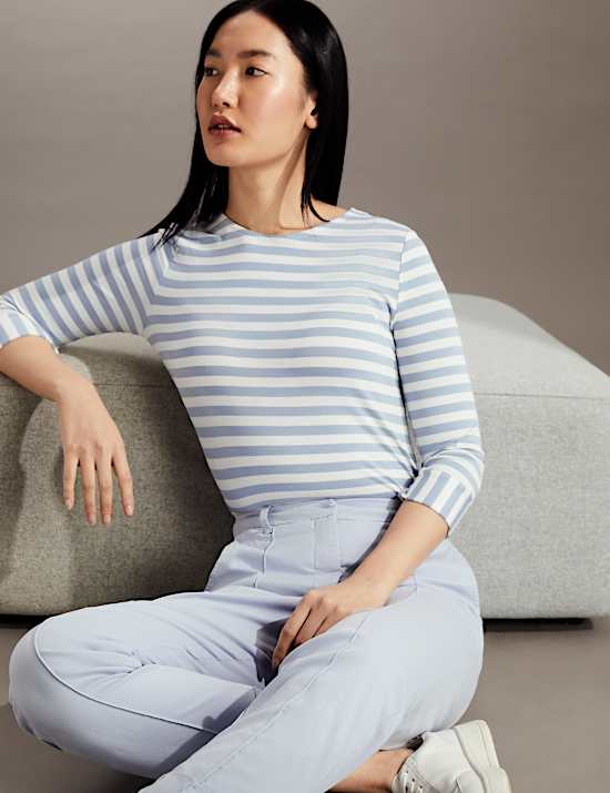 Striped Crew Neck 3/4 Sleeve Top