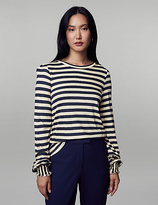 Jersey Striped Shirred Blouson Sleeve Top
