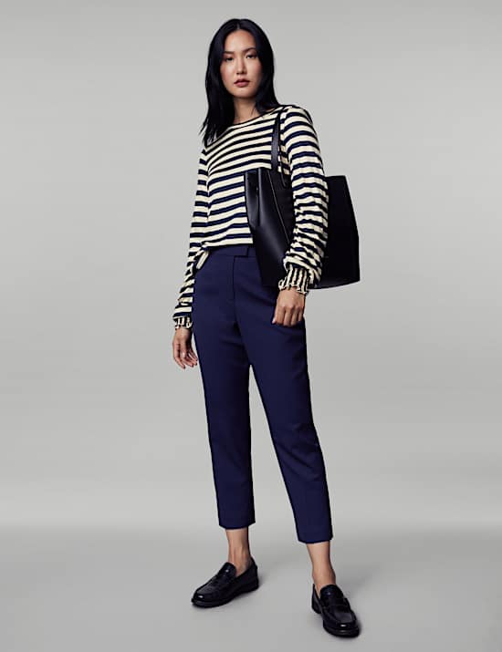 Jersey Striped Shirred Blouson Sleeve Top