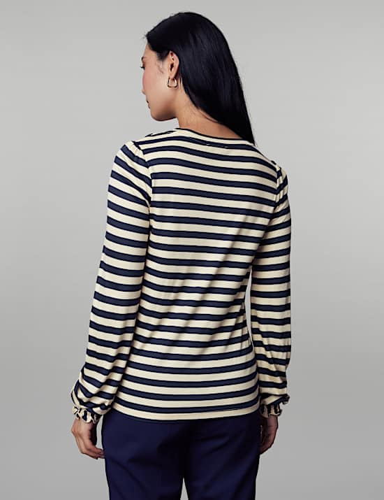 Jersey Striped Shirred Blouson Sleeve Top