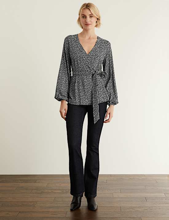 Jersey Printed V-Neck Long Sleeve Top