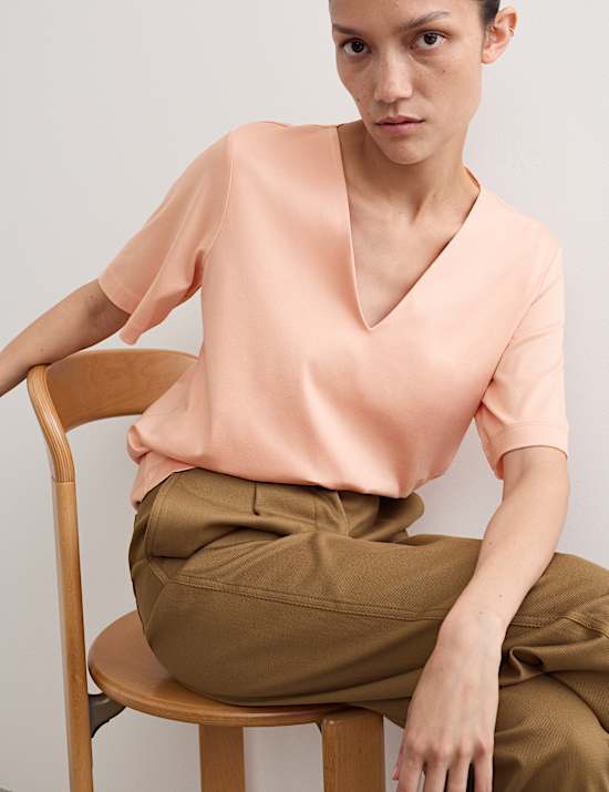 Boxy T-shirt van gemerceriseerd katoen met V-hals