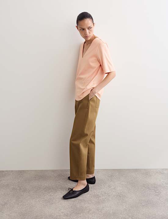 Boxy T-shirt van gemerceriseerd katoen met V-hals