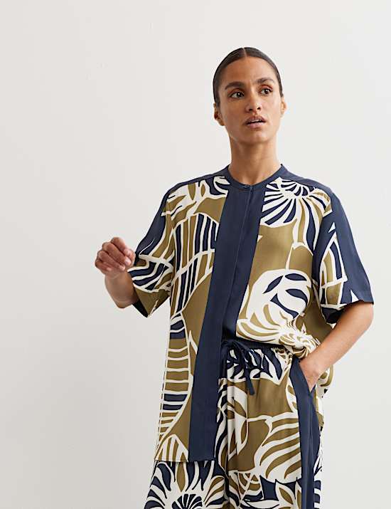 Leaf Print Drawstring Wide Leg Trousers