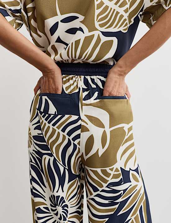 Leaf Print Drawstring Wide Leg Trousers