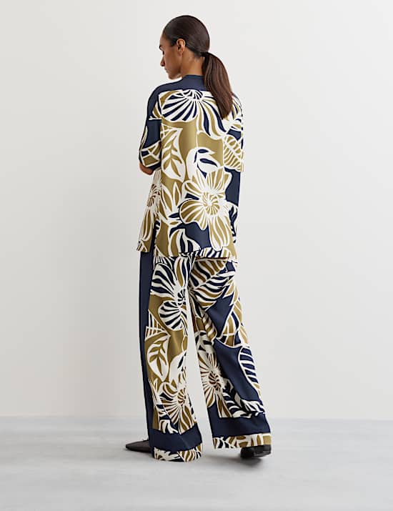 Leaf Print Drawstring Wide Leg Trousers