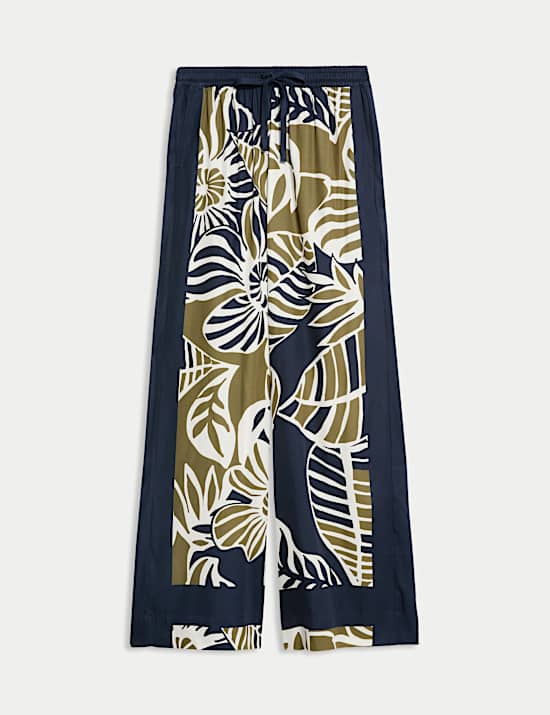 Leaf Print Drawstring Wide Leg Trousers
