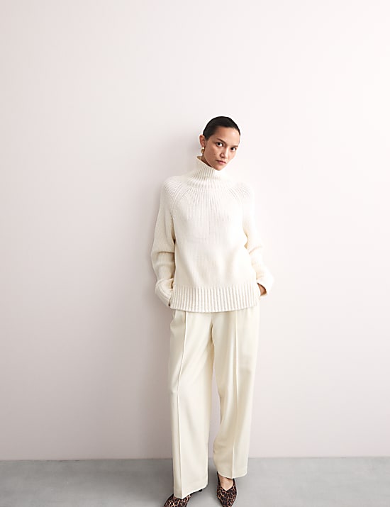 Wool Rich Pleat Front Wide Leg Trousers