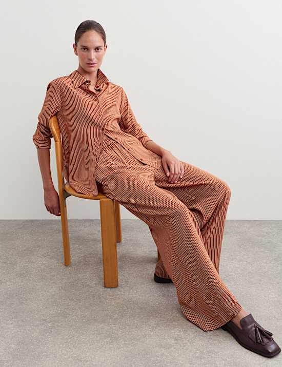 Pure Silk Striped Wide Leg Trousers