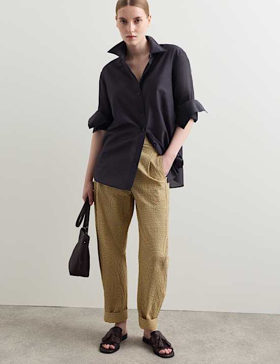 Cotton Rich Checked Barrel Leg Trousers