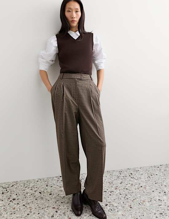 Wool Rich Dogtooth Pleat Front Tapered Trousers