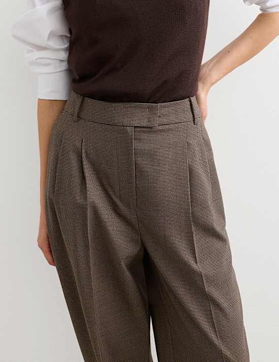 Wool Rich Dogtooth Pleat Front Tapered Trousers