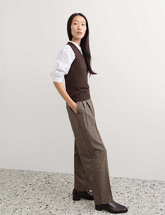 Wool Rich Dogtooth Pleat Front Tapered Trousers