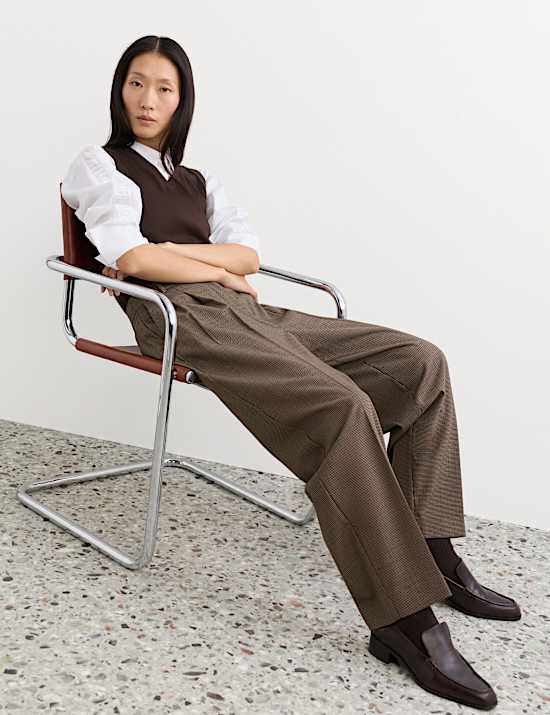 Wool Rich Dogtooth Pleat Front Tapered Trousers
