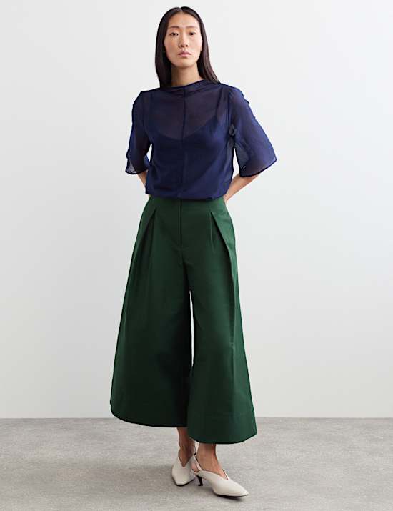 Taffeta Pleated Wide Leg Trousers with Silk