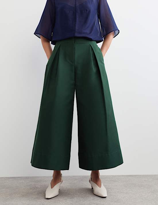Taffeta Pleated Wide Leg Trousers with Silk