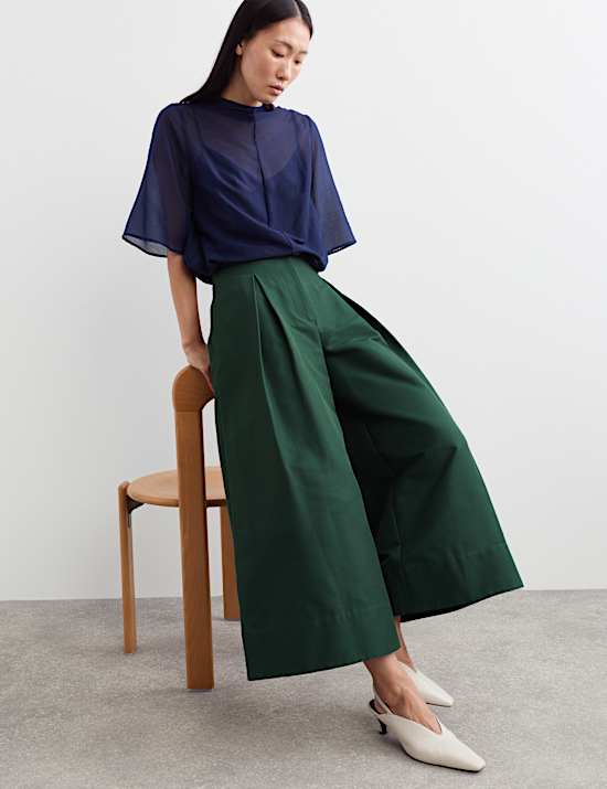 Taffeta Pleated Wide Leg Trousers with Silk