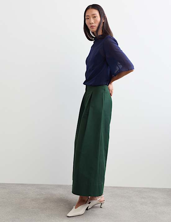 Taffeta Pleated Wide Leg Trousers with Silk