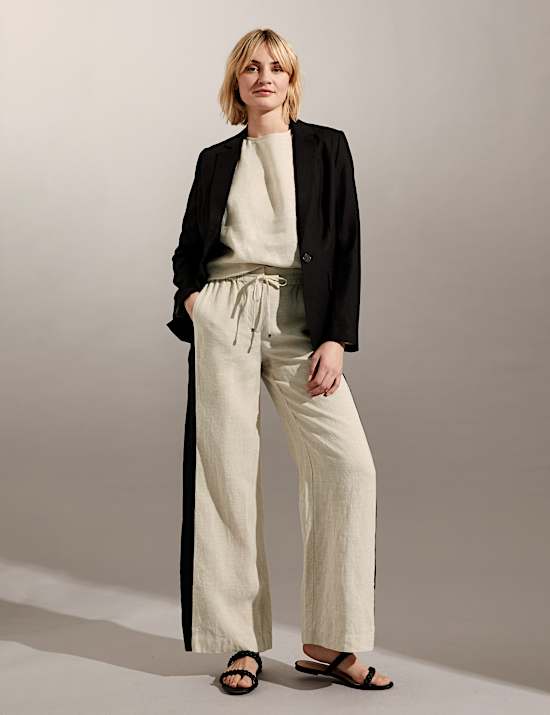 Pantalon coupe large 100&nbsp;% lin &agrave; bande lat&eacute;rale