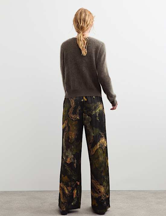 Pantalon coupe large en jacquard &agrave; taille &eacute;lastique