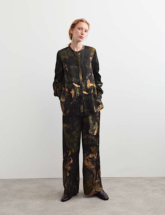 Pantalon coupe large en jacquard &agrave; taille &eacute;lastique